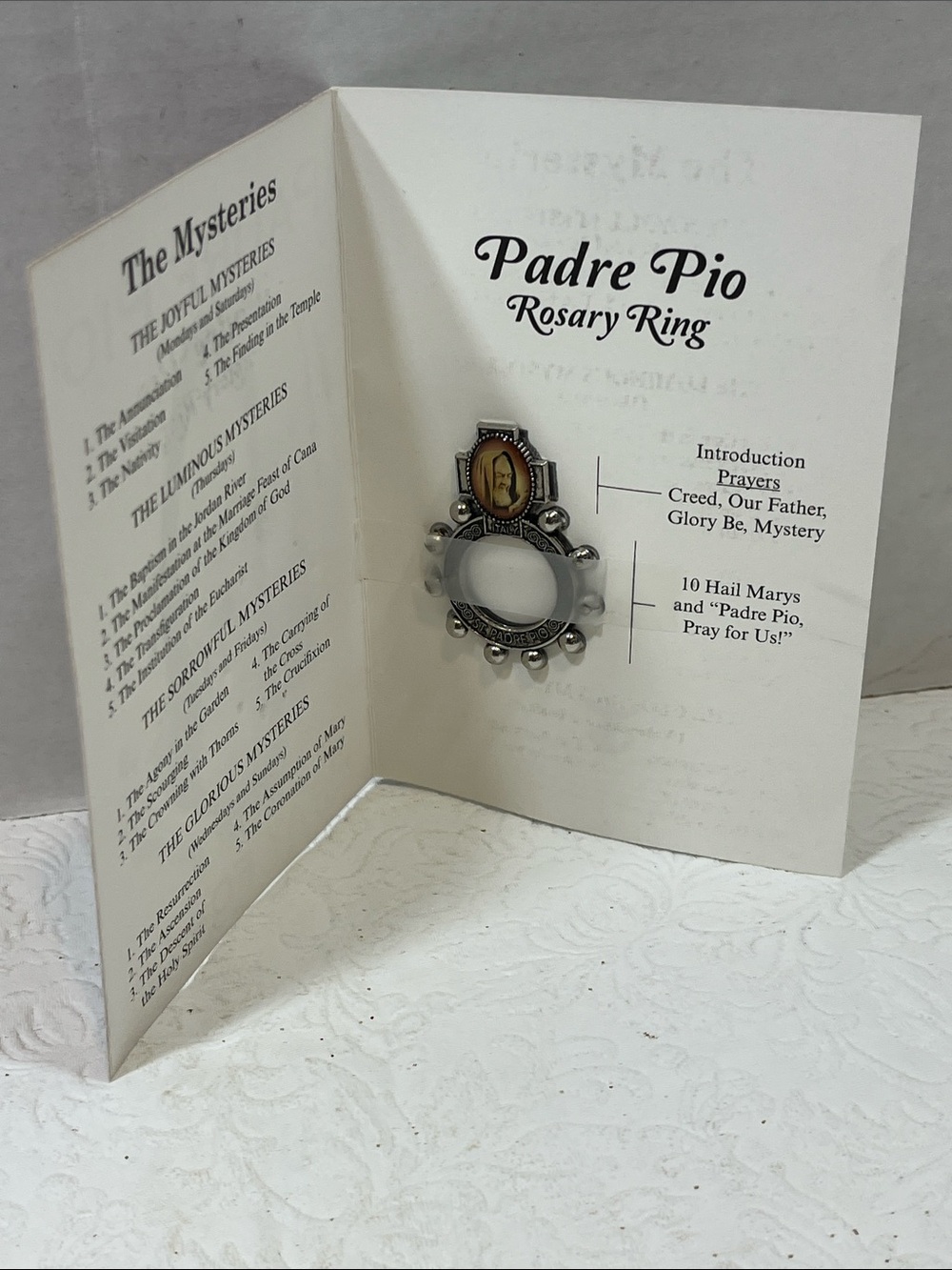 Padre Pio Silver Tone Rosary Ring with Religious Medal Prayer Card 1.25”x1.75”